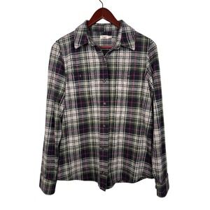 Faherty Womens Medium Knit Button Down Green Pink Plaid‎ Stretch Flannel Shirt